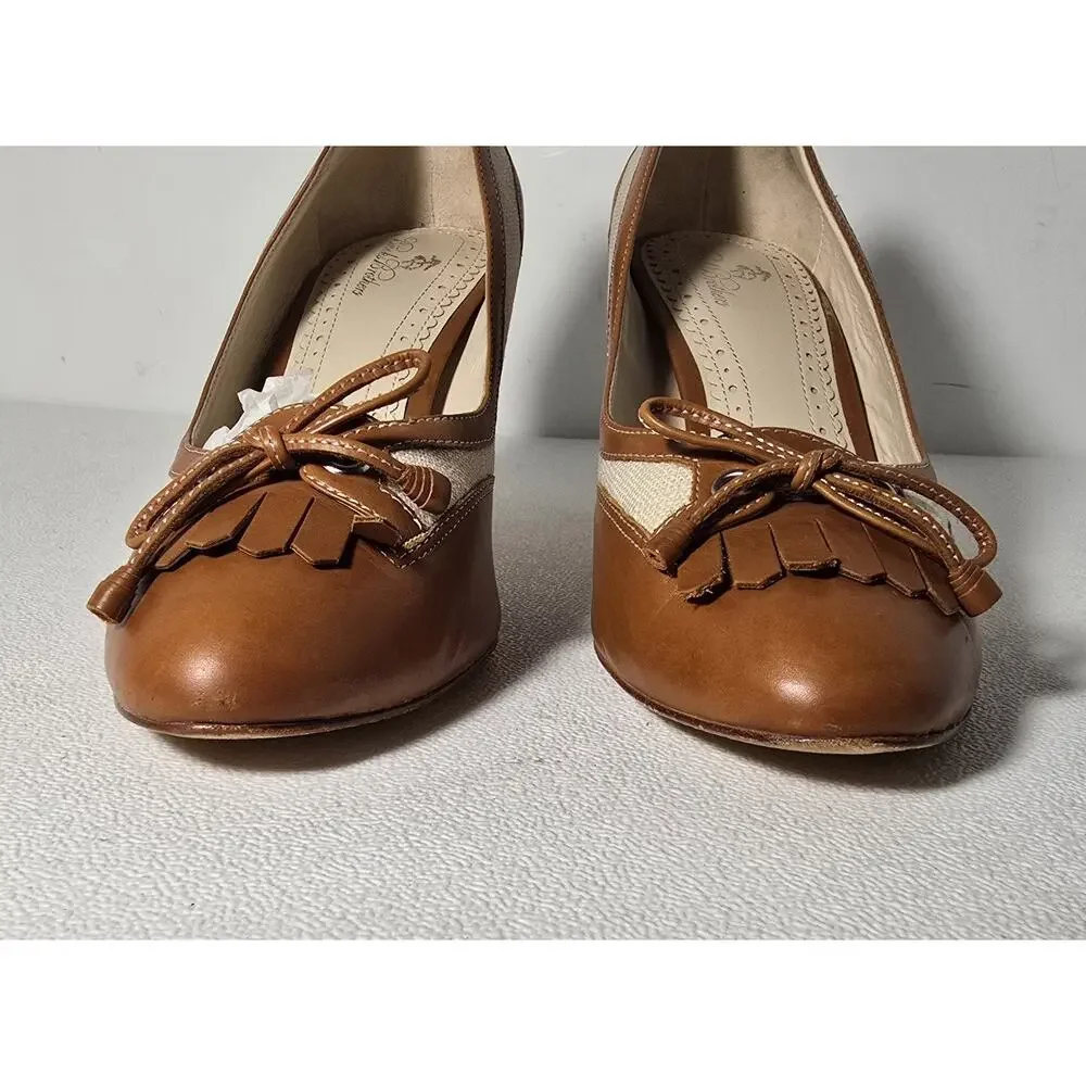 Brooks Brothers Spectator Heels Fringe & Bow Cognac/Natural Sz 7.5 M - Picture 4 of 9